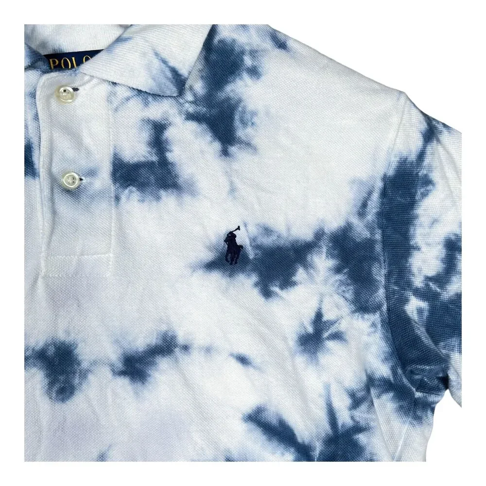 Polo By Ralph Lauren Mens Indigo Blue Tie Dye Polo Shirt Short Sleeve White Sz S